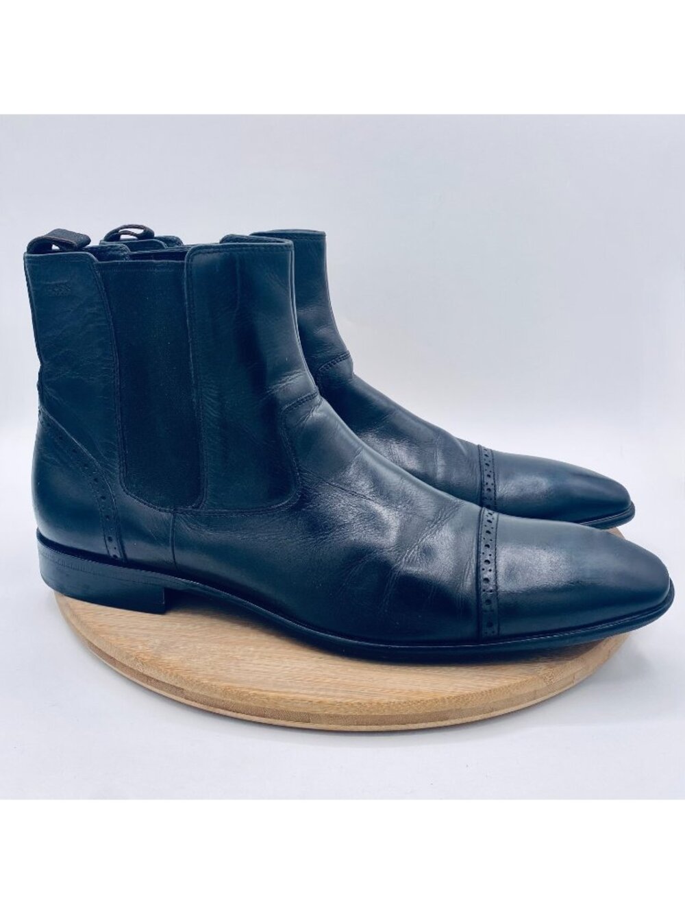 Hugo Boss Shoes Mens 11.5 Black Leather Cap Toe Chelsea Boots Brogue Ankle